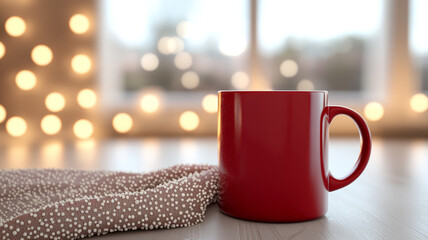 a red coffee mug mockup on a white background with bokeh lights. Mock-up scene for design