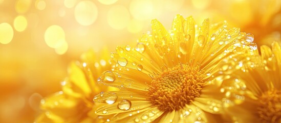 Poster - Blooming dandelion backdrop Yellow chamomile adorned with water droplets Floral holiday background Spring flower arrangement Copyspace