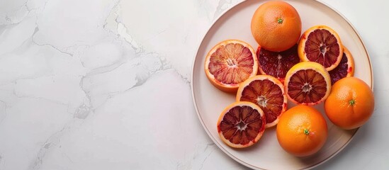 Aufkleber - Composition of whole and sliced blood oranges arranged on a plate against a white table background. with copy space image. Place for adding text or design