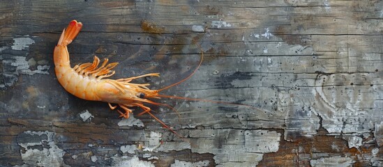 Poster - Fresh raw shrimp on a weathered wooden surface. with copy space image. Place for adding text or design