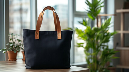 Poster - A Black tote bag with brown leather handles is placed on the table