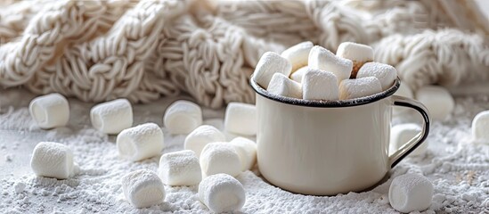 Wall Mural - Marshmallows in an enameled mug on a light colored background Image with selective focus and copy space Stay at home concept