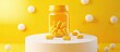 © vxnaghiyev - Opened medication bottle on a podium with white oval pills spilling out against a yellow background with copyspace