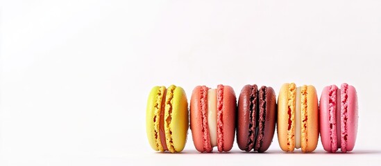Poster - Colorful French macaroons set against a white background. with copy space image. Place for adding text or design