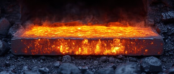 Glowing Red-Hot Steel Ingot On Coal Bed