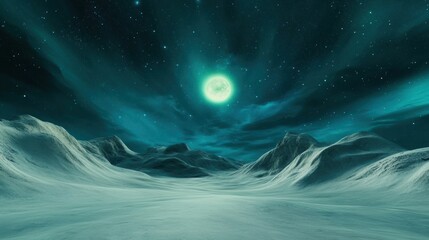 Canvas Print - A green light shines over a snowy landscape with mountains in the background, AI