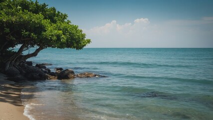 beach, sea, ocean, sand, sky, water, chair, summer, island, tropical, travel, nature, vacation, table, landscape, coast, holiday, resort, chairs, tourism, sun, relax, clouds, wave, seascape