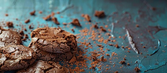 Poster - Chocolate crackle cookies on a blue backdrop copy space