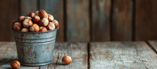 Aufkleber - Hazelnuts in a metal cup on a wooden surface in a rustic design Raw hazelnuts. with copy space image. Place for adding text or design