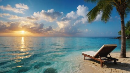 beach, sea, ocean, sand, sky, water, chair, summer, island, tropical, travel, nature, vacation, table, landscape, coast, holiday, resort, chairs, tourism, sun, relax, clouds, wave, seascape