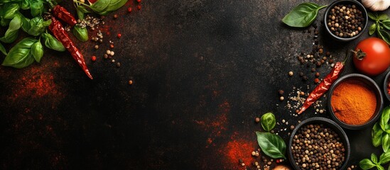 Poster - Cooking banner Spices and cooking tools Top view Free area for your text. with copy space image. Place for adding text or design