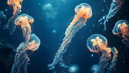 Luminous jellyfish drifting gracefully in enchanting depths of blue waters