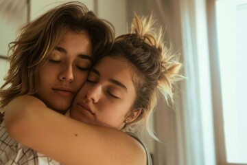 Sad young woman embracing her girlfriend after a bad news in the bedroom at home Sad young woman embracing her girlfriend after a bad news in the bedroom at home