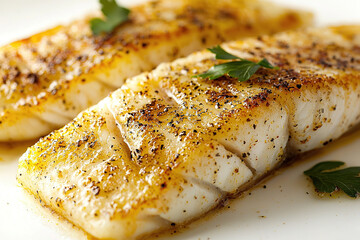 Wall Mural - Close-up of a fillet of grilled fish on a white background, showcasing its flaky texture and golden-brown crust.