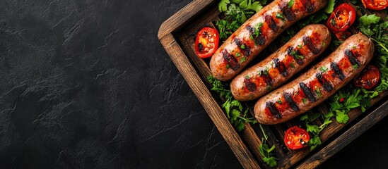 Aufkleber - Grilled sausages are mixed with herbs in a wooden tray Black background Top view. with copy space image. Place for adding text or design