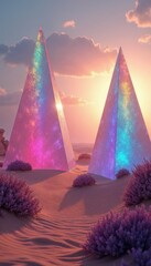 Two iridescent pyramids stand tall in a desert landscape, bathed in the glow of a setting sun.