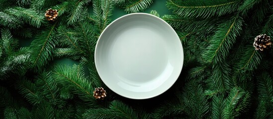 Aufkleber - Top view of a holiday plate surrounded by green fir tree branches Christmas dinner featuring copy space
