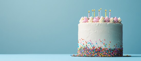 Poster - White birthday cake with vibrant sprinkles against a blue background. with copy space image. Place for adding text or design