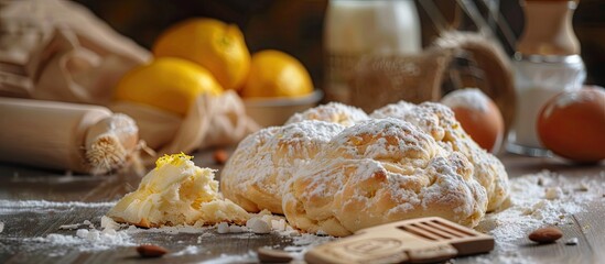 Aufkleber - Ingredients for preparing sweet yeast bread or buns include flour egg milk or buttermilk butter sugar lemon or orange zest and yeast Food background Copyspace