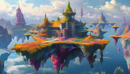 Surreal dreamscape with floating structures and vivid colors, inspiring wonder and enchanting beauty