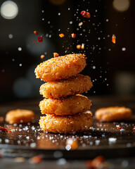 Wall Mural - Delicious crispy chicken nuggets flying with spices and herbs on dark background. Golden crispy fried breaded chicken breast strips. fast food commercial advertisement menu banner