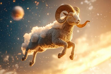 Magical fantasy illustration of charging ram with glowing horns in cloudy night sky with stars