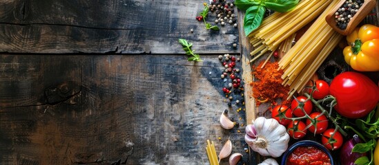 Fototapete - Ingredients for pasta spaghetti including garlic cherry tomatoes and paprika arranged on a wooden background. with copy space image. Place for adding text or design