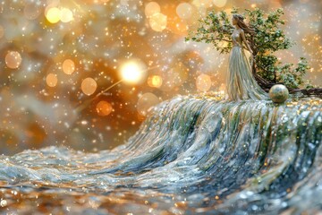 Wall Mural - Magical fantasy landscape with surreal ocean waves and glowing tree