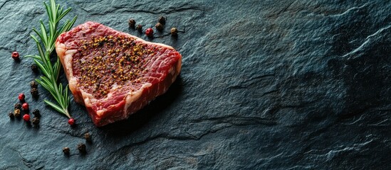 Poster - One raw steak seasoned with spices and rosemary on a stone background leaving room for your text. with copy space image. Place for adding text or design