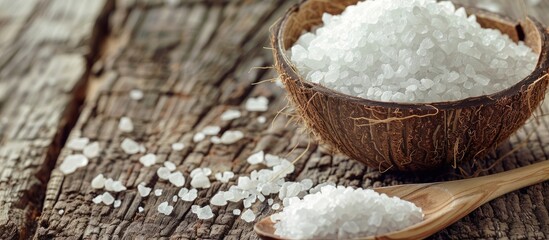 Poster - Sea salt in a coconut shell and a wooden spoon on a weathered wooden surface with copy space for text