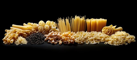 Aufkleber - Variety of uncooked raw pasta against a black background Italian pasta types include penne farfalle spaghetti and fusilli. with copy space image. Place for adding text or design