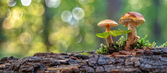 The distinctive background and texture of a previously cut tree sprouting mushrooms. with copy space image. Place for adding text or design