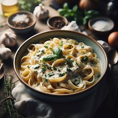 Wall Mural - A bowl of creamy fettuccine pasta topped with fresh basil and grated parmesan, served in a rustic setting. The rich, creamy sauce combined with the aromatic basil makes this dish a perfect comfort