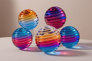 Wall Mural - Set of 3D Spiral-Shaped Dazzling Crystal Spheres with Vibrant Gradient Shades on Light-Tone Background