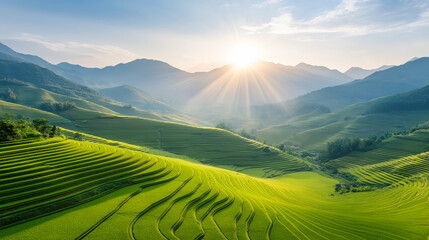 Terraced rice field in harvest season in Vietnam. Landscape of rice field in Vietnam.