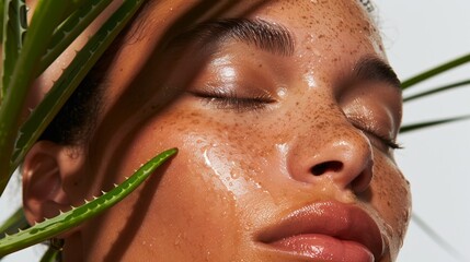 skincare-focused portrait of a woman with tan skin holding aloe leaves to her eye, radiating serenit