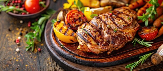 Poster - Tasty barbecue chicken breast or chicken steak on a wooden plate accompanied by grilled vegetables perfect for lunch or dinner Homemade food idea Flat lay style from above with copyspace