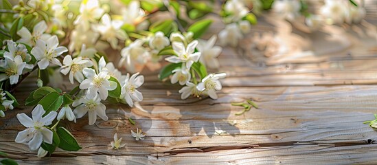 Poster - Spring flowering branch on a wooden surface Jasmine. with copy space image. Place for adding text or design