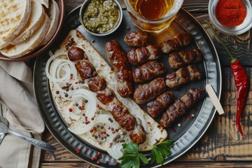 Traditional meat sticks barbecue on a plate Traditional meat sticks barbecue on a plate, with thin bread, onion, chili pepper and beer, served on a dark rustic wooden bar, restaurant or home kitchen t