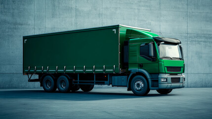 A green truck in front of a grey concrete wall.  Transport logistic industry concept.