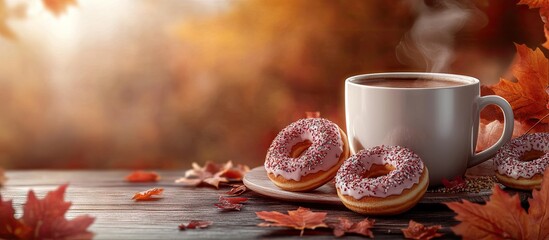 Poster - Autumn arrangement a cup of cocoa accompanied by donuts and autumn leaves. with copy space image. Place for adding text or design