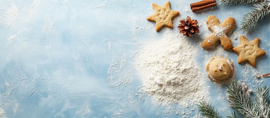 Poster - Abstract background of Christmas food featuring cookie molds and flour. with copy space image. Place for adding text or design
