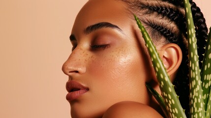 Studio portrait of a calm woman with glowing tan skin, holding aloe leaves against her face in a peaceful pose.