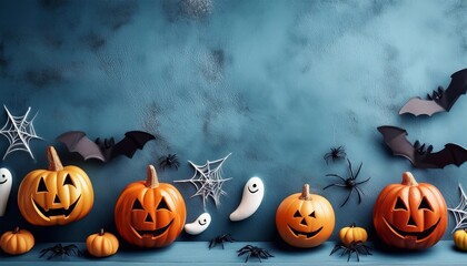 Halloween elements pumpkins, bats, ghosts, spiders on a bright background, with space for text, top view