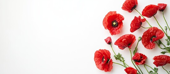 Poster - Red poppy flowers Papaver rhoeas corn poppy corn rose field poppy red weed on a white backdrop Top view flat lay. with copy space image. Place for adding text or design