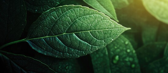 Poster - Close up view of a dark green leaf in sunlight with natural dark green plants used as a background concept. with copy space image. Place for adding text or design