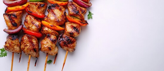Aufkleber - Chicken skewers featuring slices of sweet peppers and onion Shish kebab grilled meat on a white background top view Delicious food. with copy space image. Place for adding text or design