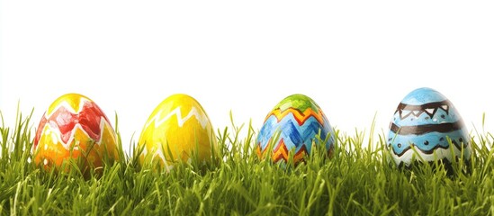 Poster - Easter eggs painted and concealed in the grass isolated on white with copyspace