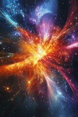 Wall Mural - Abstract digital artwork depicting a cosmic theme featuring a supernova explosion with plasma filaments against a backdrop of stars showcasing fractal graphic technologies