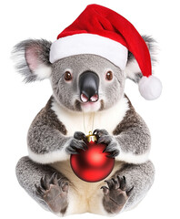 koala in santa hat holding christmas ball with its paws isolated on transparent background